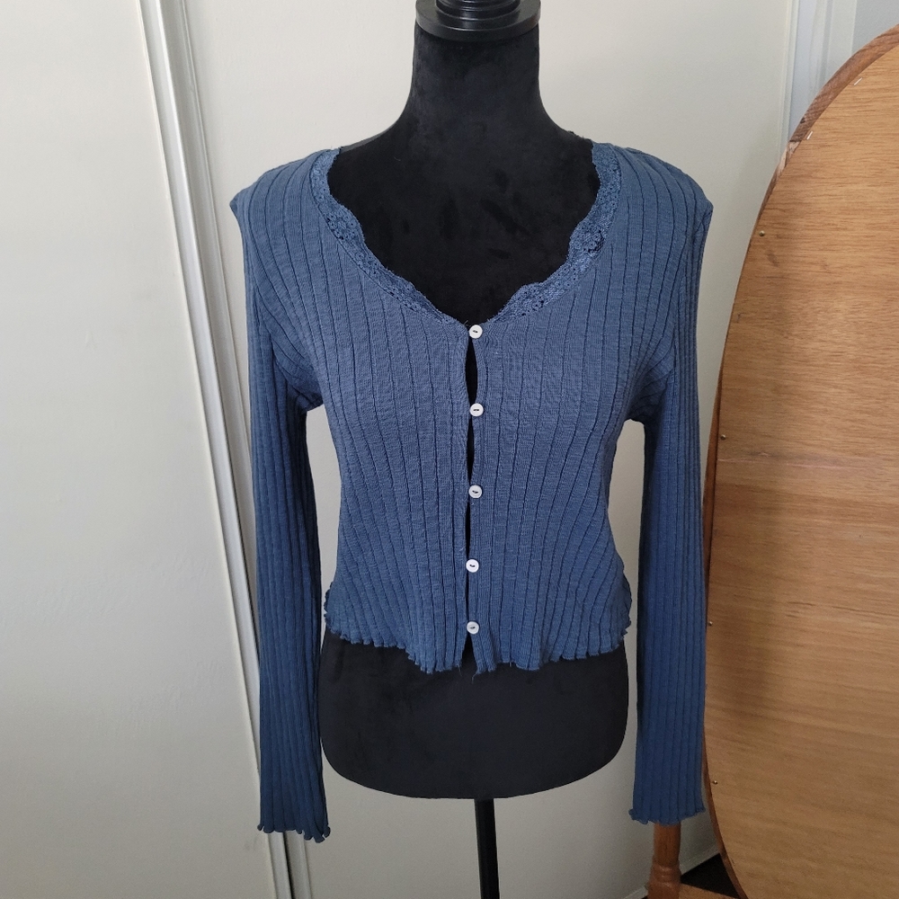 Topshop Cropped Ribbed Blue Blouse/Top/Sweater